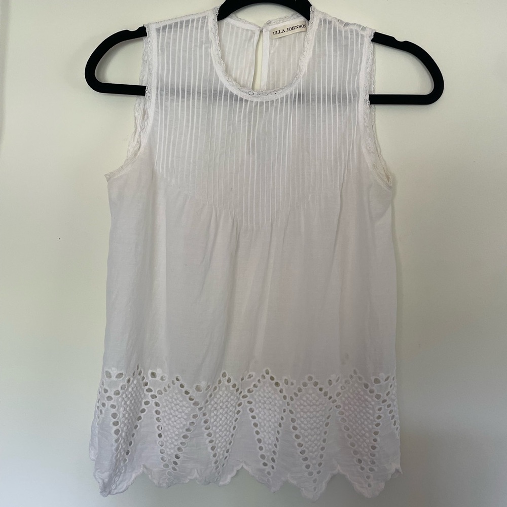 Ulla Johnson White Cotton Eyelet Sleeveless Top